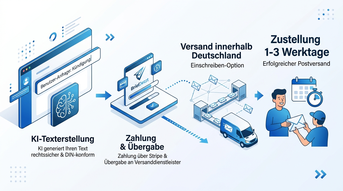 BriefJetzt Workflow: KI-Texterstellung, Zahlung & Übergabe, Postversand in 1-3 Werktagen